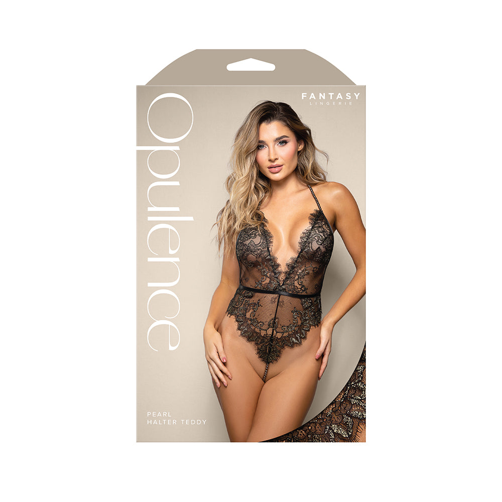 Fantasy Lingerie Opulence Shimmer Lace Pearl Halter Teddy with Open Back & Pearl String Crotch L-XL