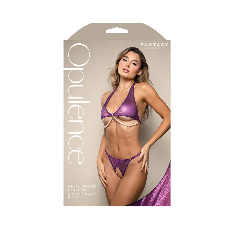 Fantasy Lingerie Opulence Foiled Mesh Halter Bralette with Pearl Underbust & Crotchless Panty M-L