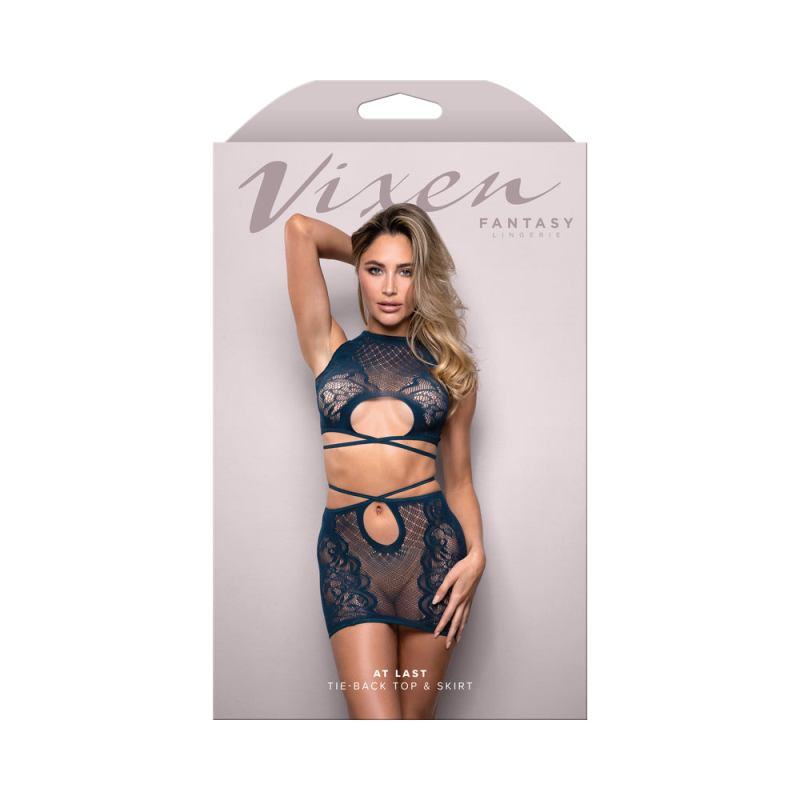 Fantasy Lingerie Vixen At Last Floral Lace Knit Tie-Back Top & Skirt Navy O-S