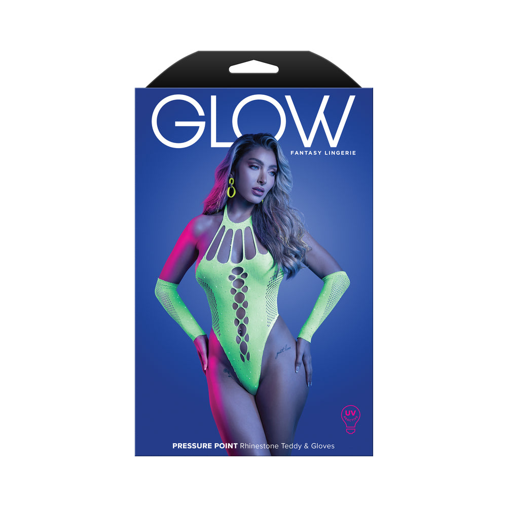 Fantasy Lingerie Glow Pressure Point UV Reactive Rhinestone Teddy & Gloves O-S