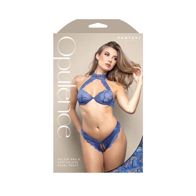 Fantasy Lingerie Opulence Pearl Back Strap Halter Bra & Adjustable Crotchless Pearl Panty Royal Blue L-XL