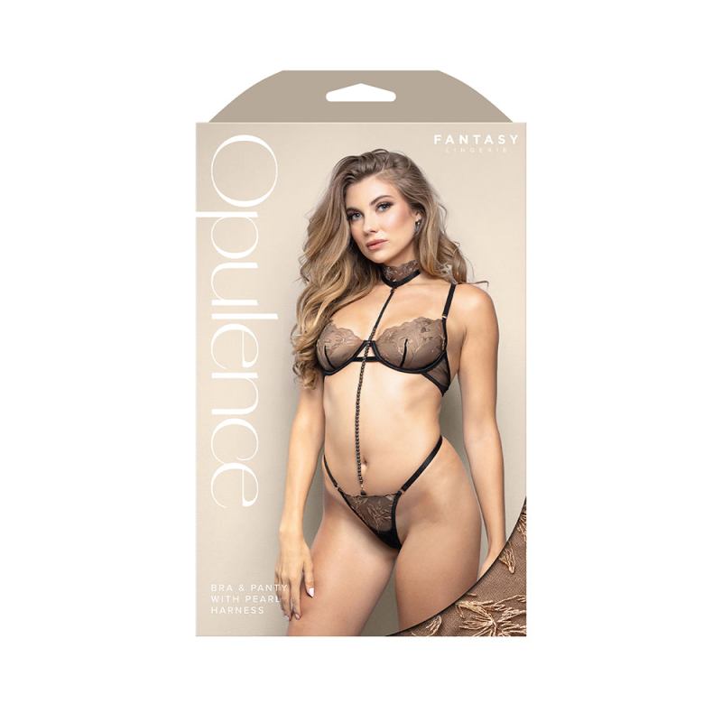 Fantasy Lingerie Opulence Underwire Bra & G-String with Removable Adjustable Pearl String Harness Black S-M